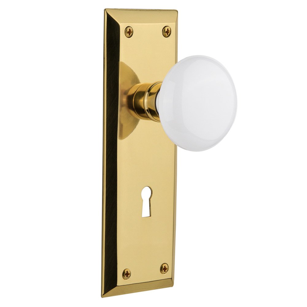 Double Dummy New York Plate with Keyhole and White Porcelain Door Knob in Polished Brass