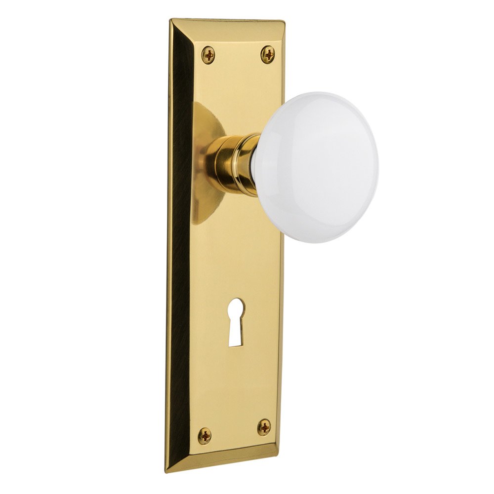 Interior Mortise New York Plate White Porcelain Door Knob in Polished Brass