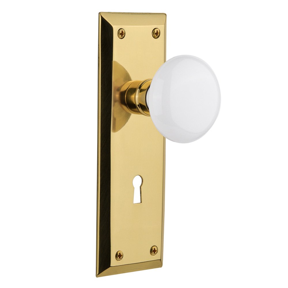Privacy New York Plate with Keyhole and White Porcelain Door Knob in Polished Brass