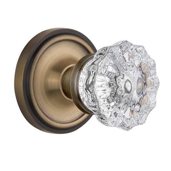 Interior Mortise Classic Rosette with Crystal Glass Door Knob in Antique Brass