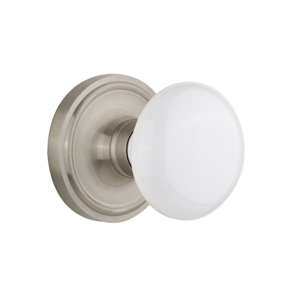 Single Dummy Classic Rosette with White Porcelain Door Knob in Satin Nickel