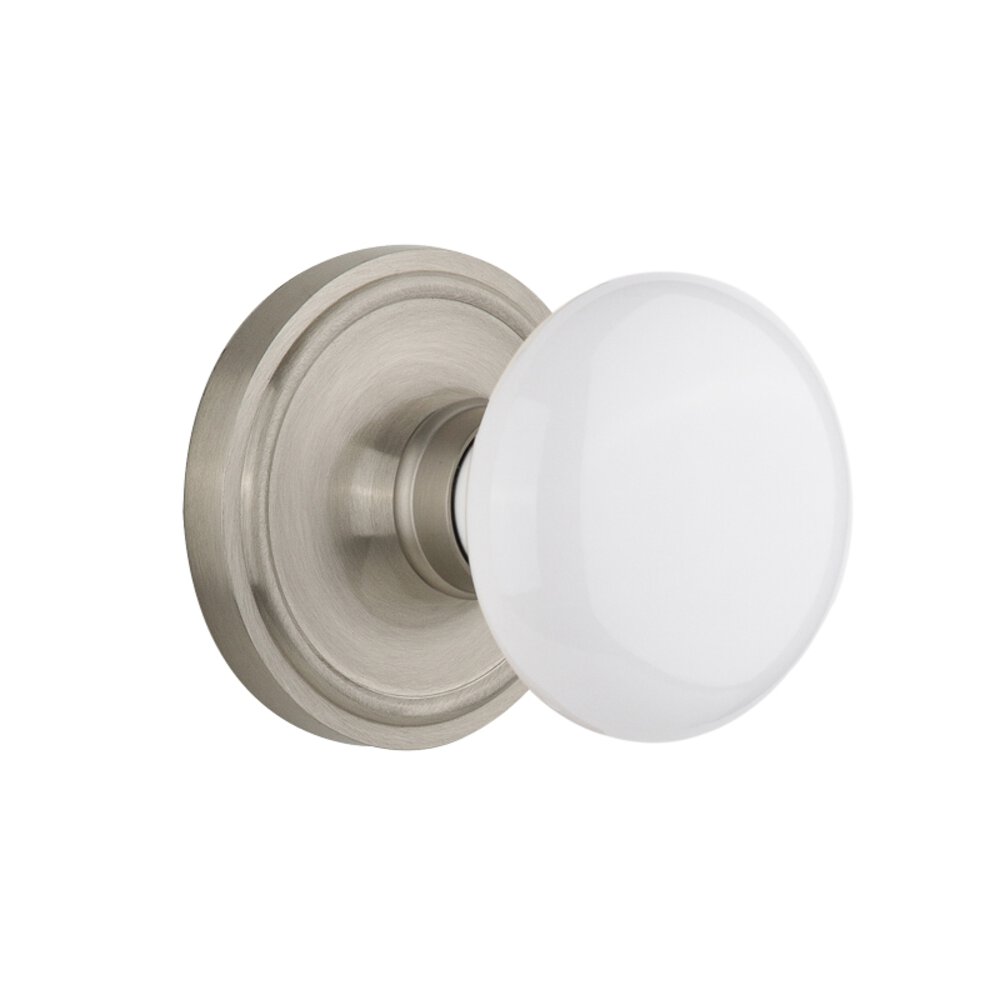 Privacy Classic Rosette with White Porcelain Door Knob in Satin Nickel