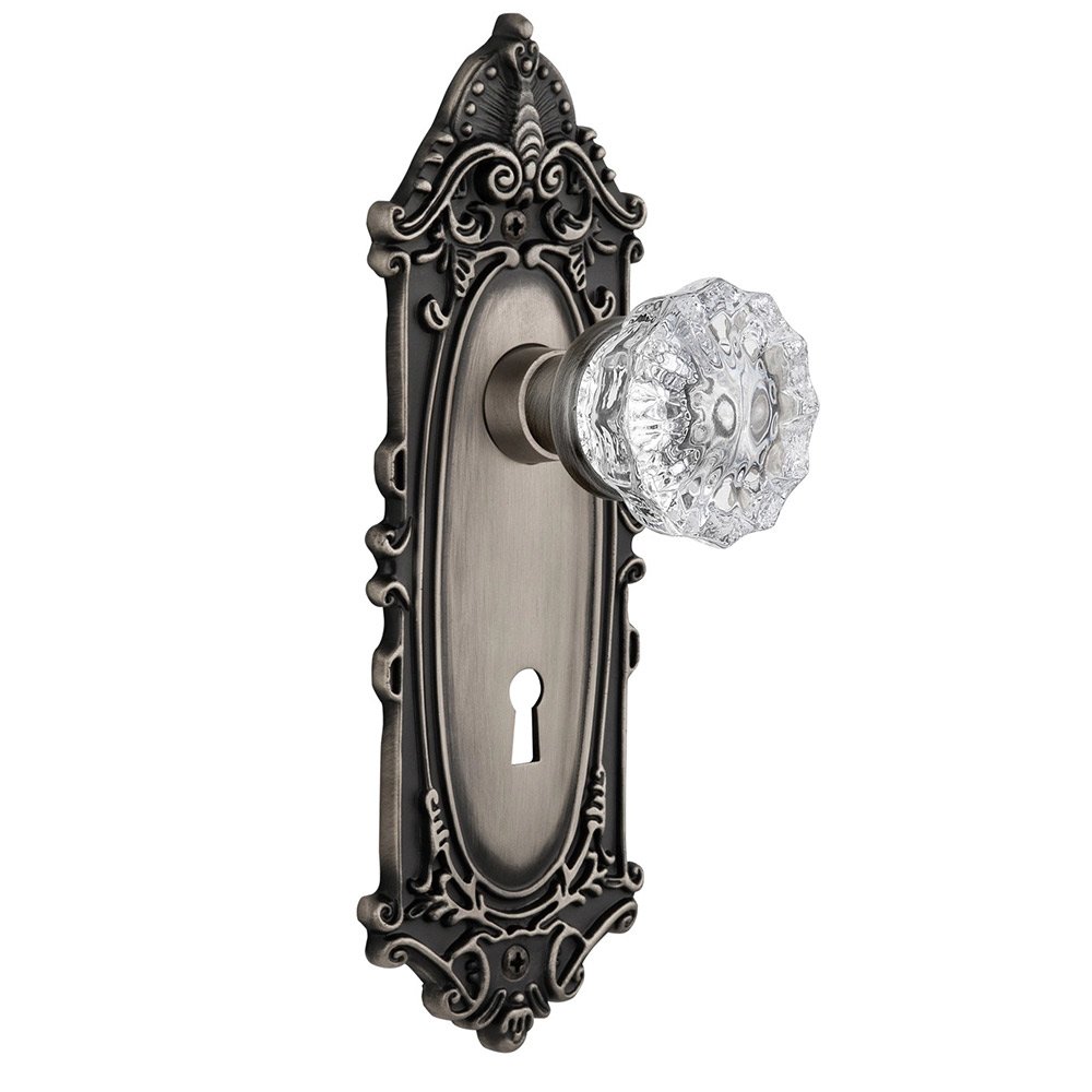 Double Dummy Victorian Plate with Keyhole and Crystal Glass Door Knob in Antique Pewter