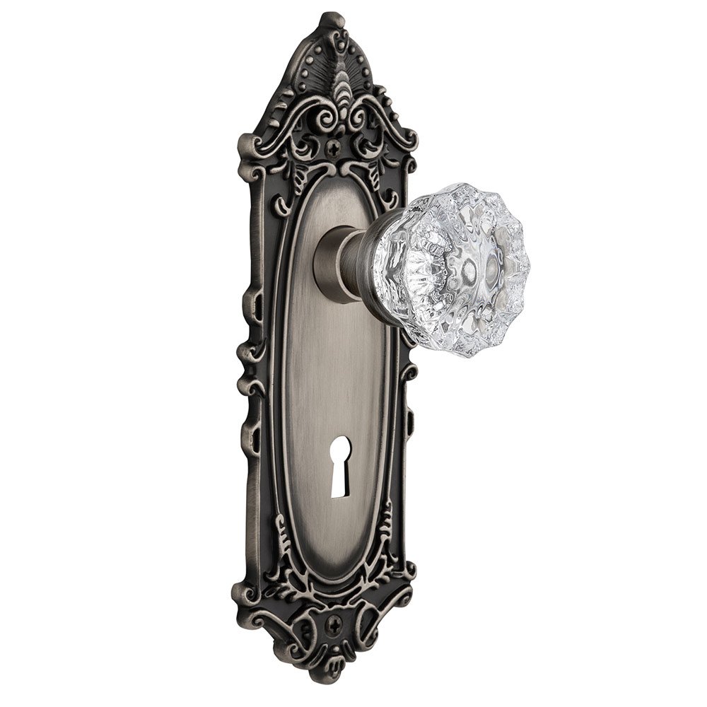 Single Dummy Victorian Plate with Keyhole and Crystal Glass Door Knob in Antique Pewter