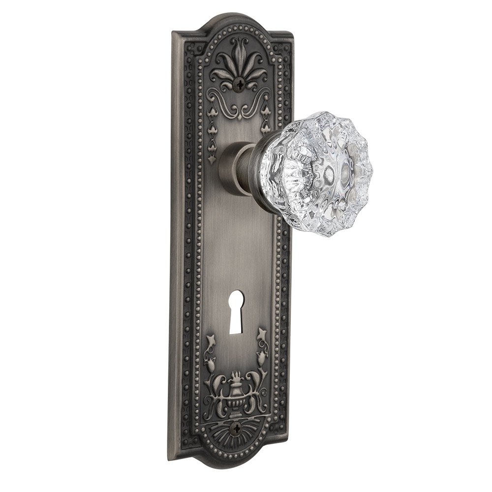 Privacy Meadows Plate with Keyhole and Crystal Glass Door Knob in Antique Pewter