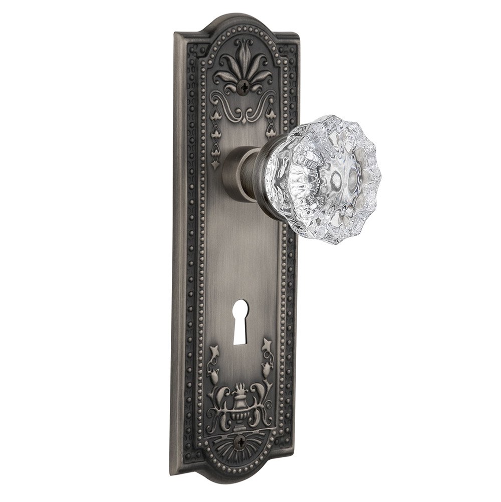 Passage Meadows Plate with Keyhole and Crystal Glass Door Knob in Antique Pewter