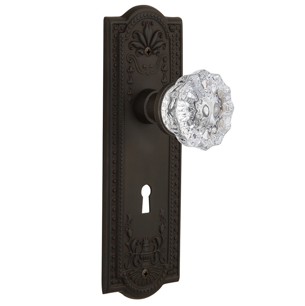 Single Dummy Meadows Plate with Keyhole and Crystal Glass Door Knob in Oil-Rubbed Bronze