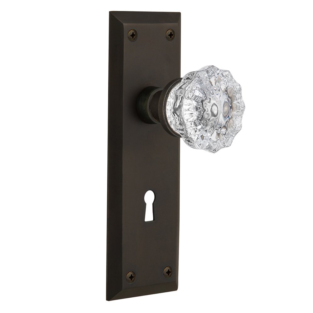 Passage New York Plate with Keyhole and Crystal Glass Door Knob in Oil-Rubbed Bronze