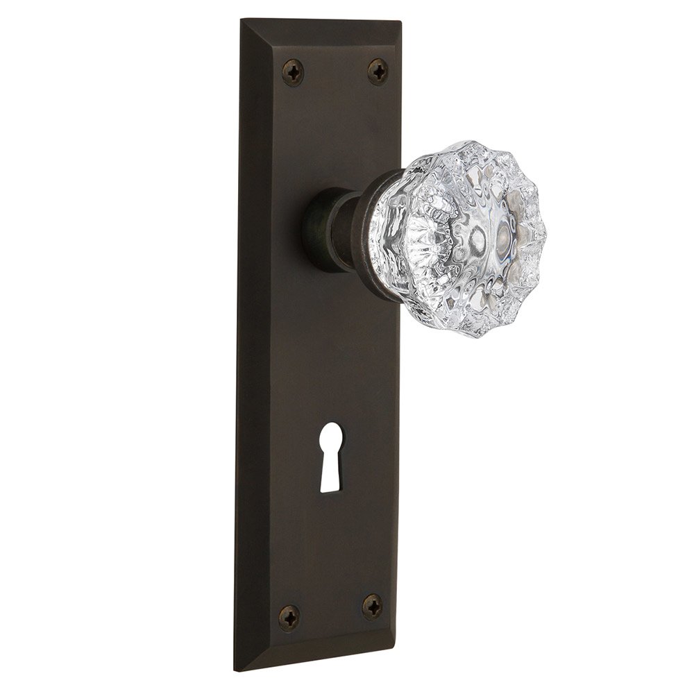 Double Dummy New York Plate with Keyhole and Crystal Glass Door Knob in Oil-Rubbed Bronze