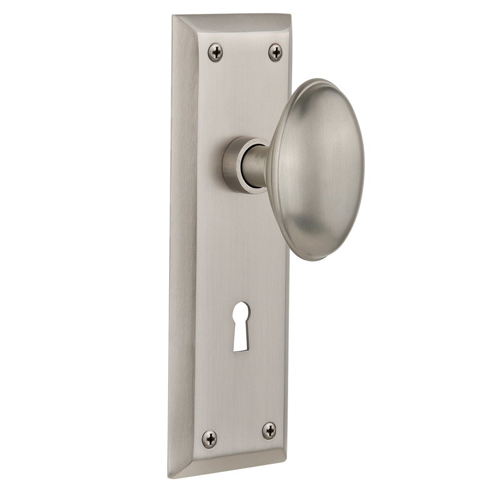 Single Dummy New York Plate with Keyhole and Homestead Door Knob in Satin Nickel
