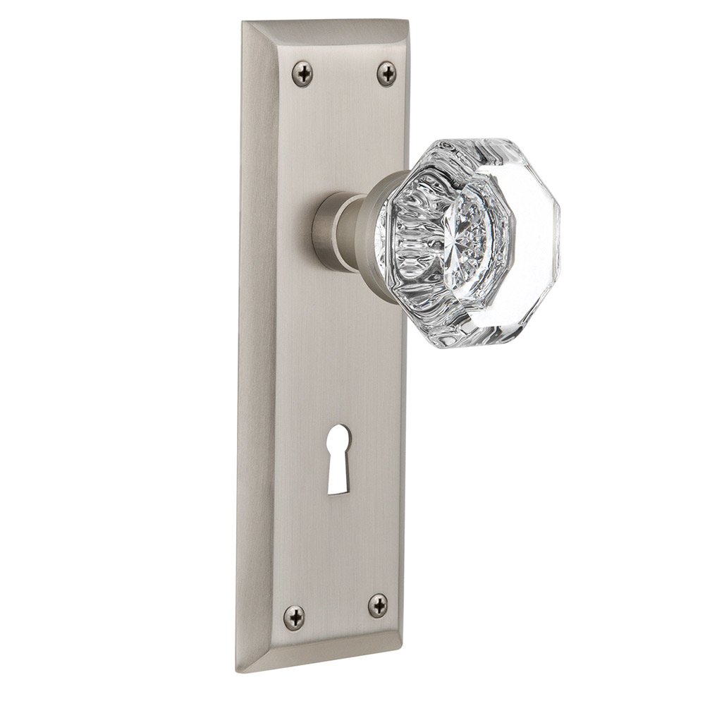 Single Dummy New York Plate with Keyhole and Waldorf Door Knob in Satin Nickel