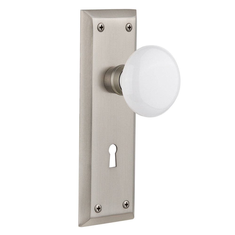 Privacy New York Plate with Keyhole and White Porcelain Door Knob in Satin Nickel