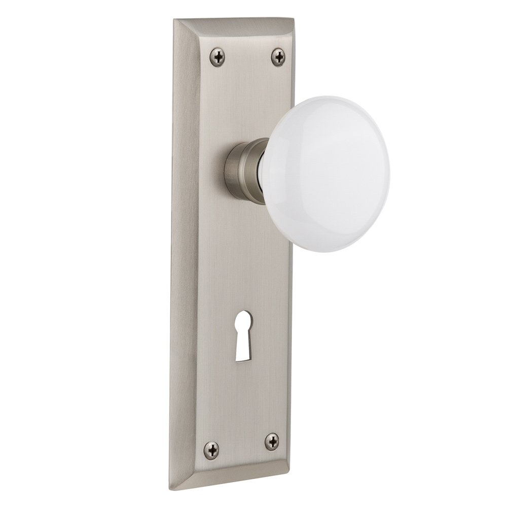 Passage New York Plate with Keyhole and White Porcelain Door Knob in Satin Nickel