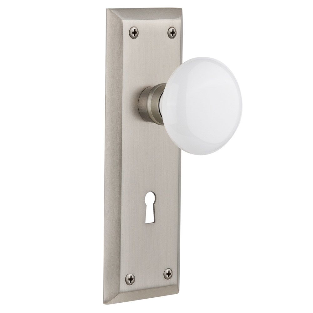 Double Dummy New York Plate with Keyhole and White Porcelain Door Knob in Satin Nickel