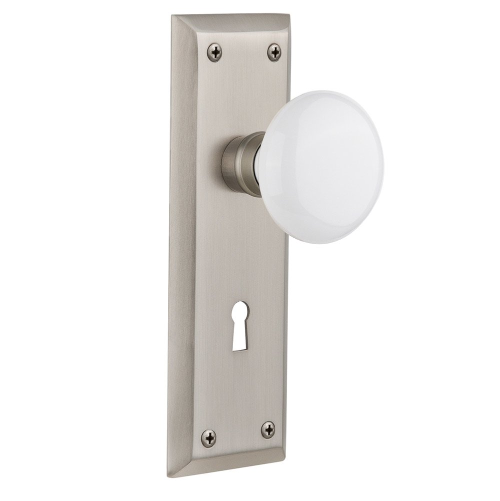 Single Dummy New York Plate with Keyhole and White Porcelain Door Knob in Satin Nickel