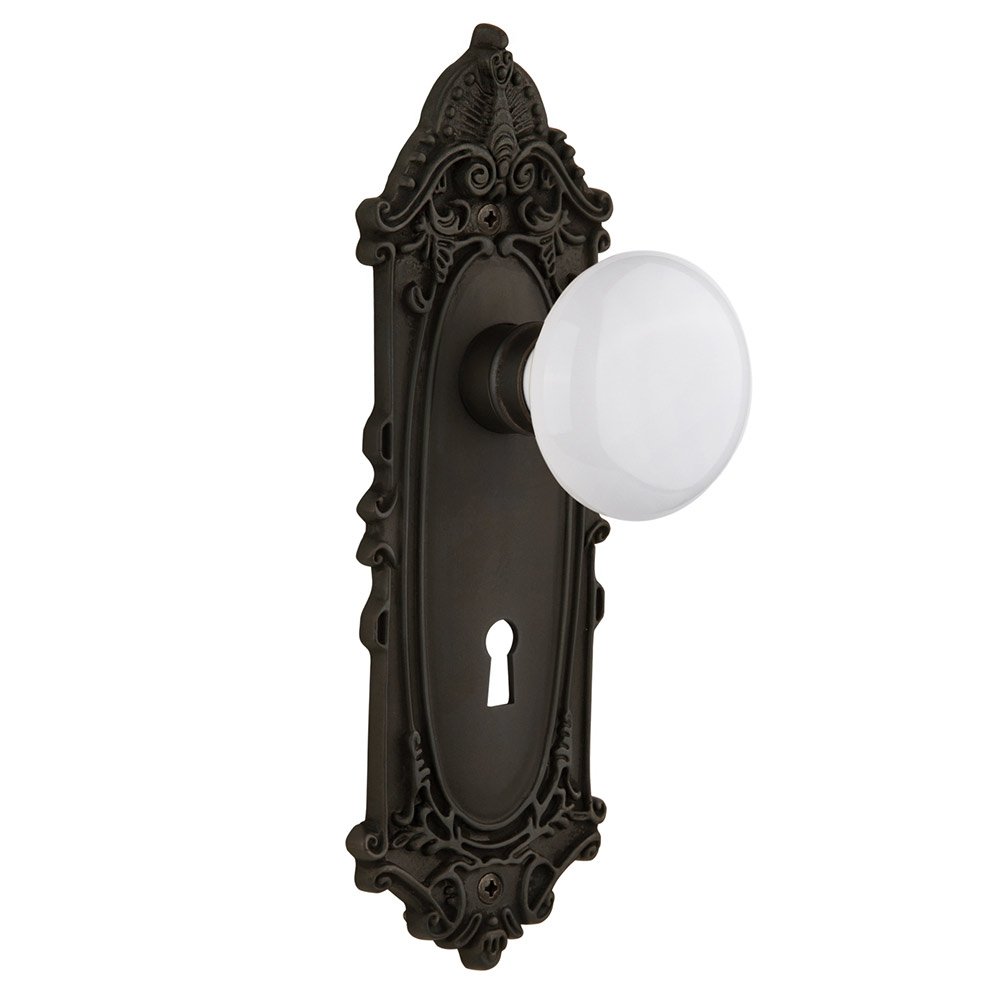 Interior Mortise Victorian Plate White Porcelain Door Knob in Oil-Rubbed Bronze