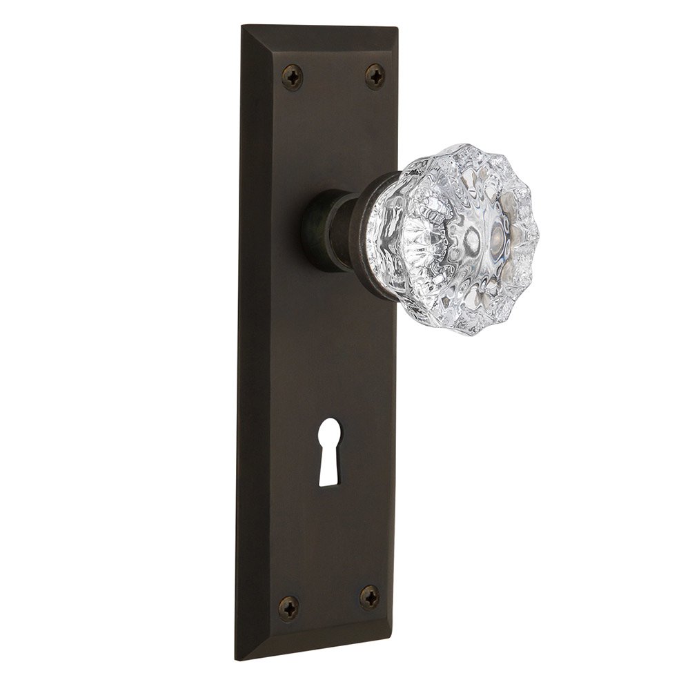 Interior Mortise New York Plate Crystal Glass Door Knob in Oil-Rubbed Bronze