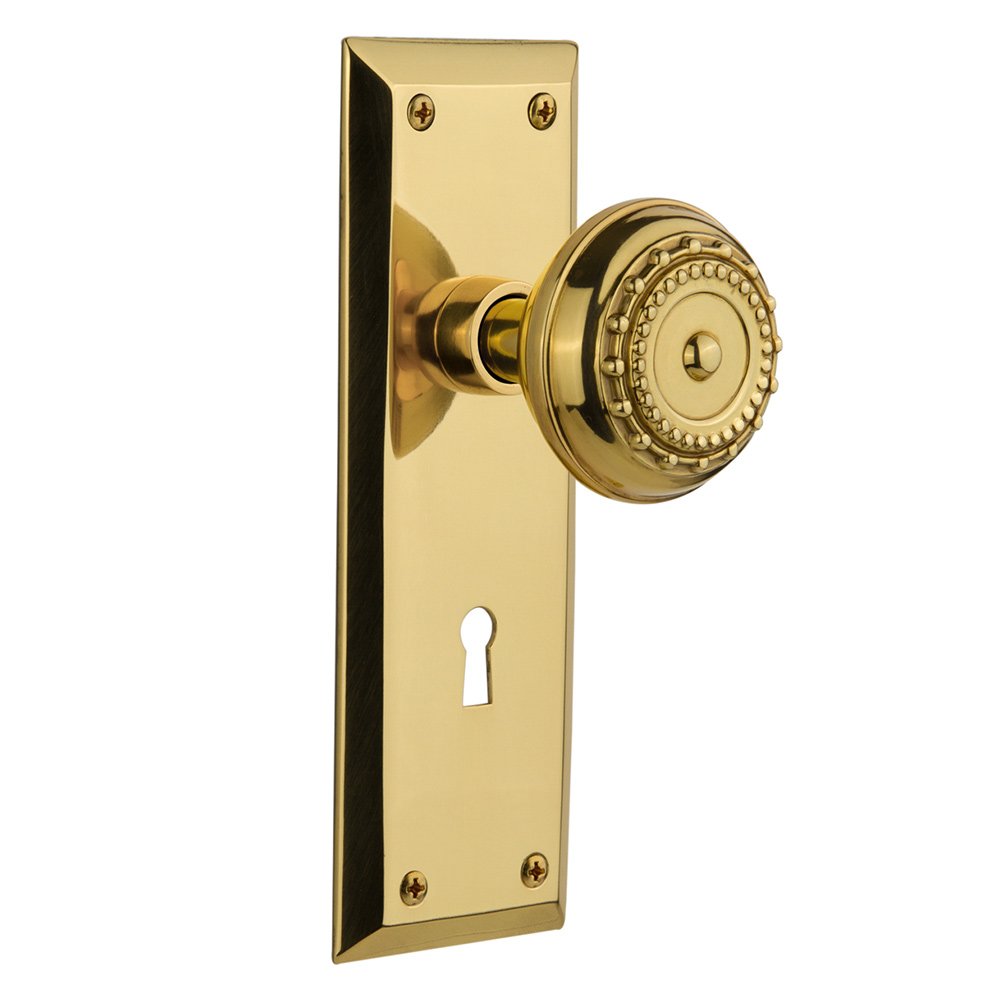 Passage New York Plate with Keyhole and Meadows Door Knob in Polished Brass