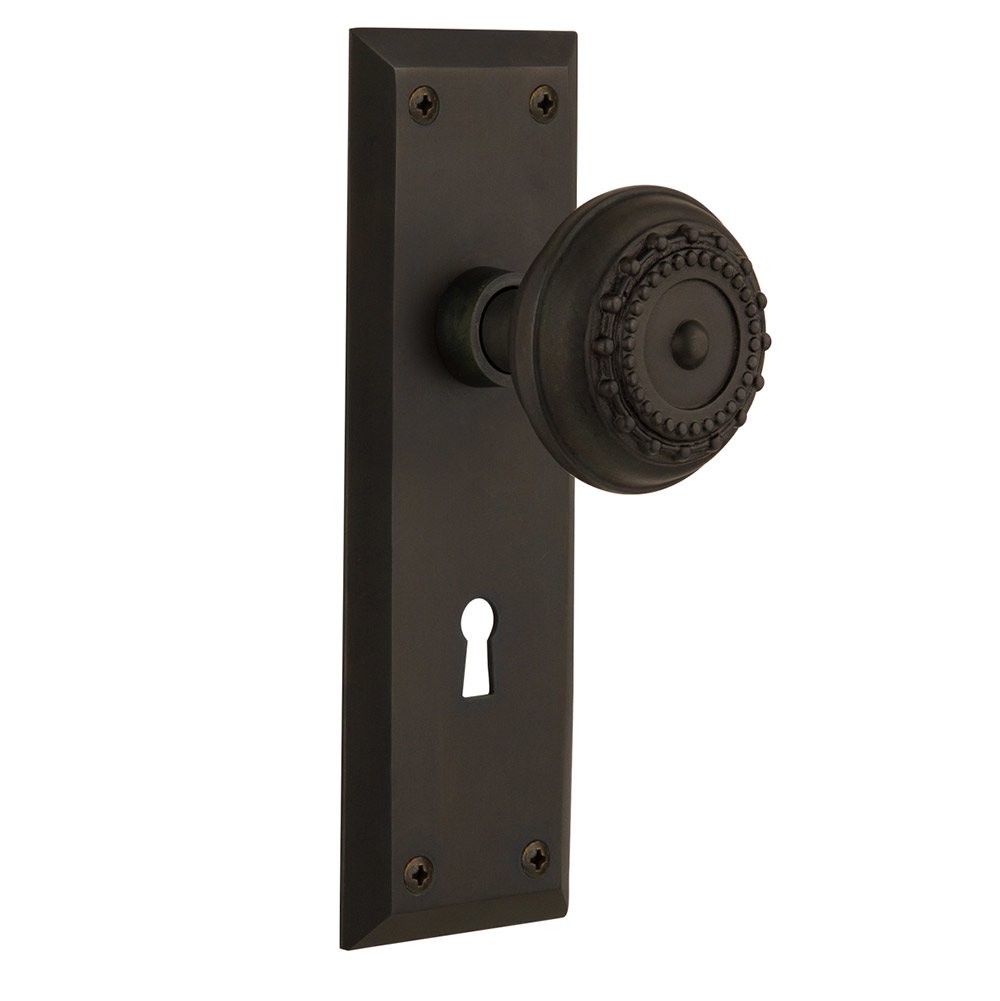 Single Dummy New York Plate with Keyhole and Meadows Door Knob in Oil-Rubbed Bronze