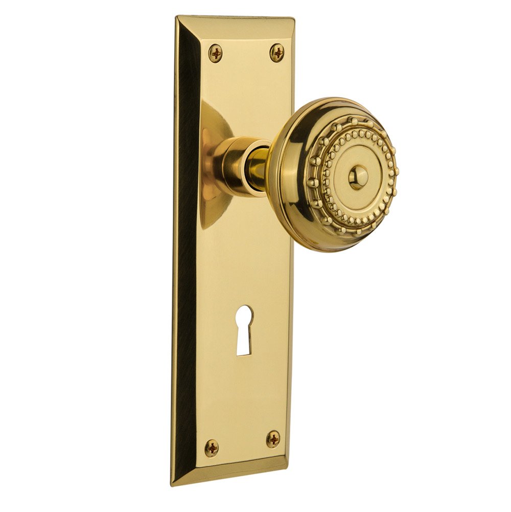 Single Dummy New York Plate with Keyhole and Meadows Door Knob in Polished Brass