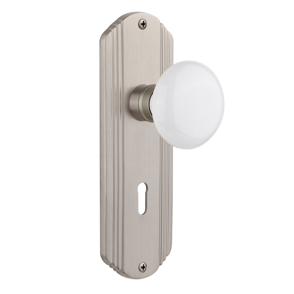 Passage Deco Plate with Keyhole and White Porcelain Door Knob in Satin Nickel