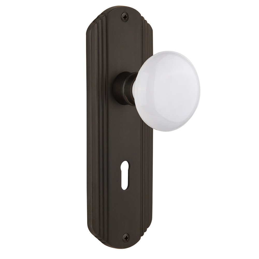 Privacy Deco Plate with Keyhole and White Porcelain Door Knob in Oil-Rubbed Bronze