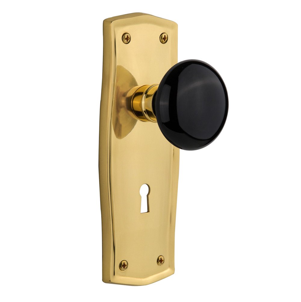 Passage Prairie Plate with Keyhole and Black Porcelain Door Knob in Unlacquered Brass