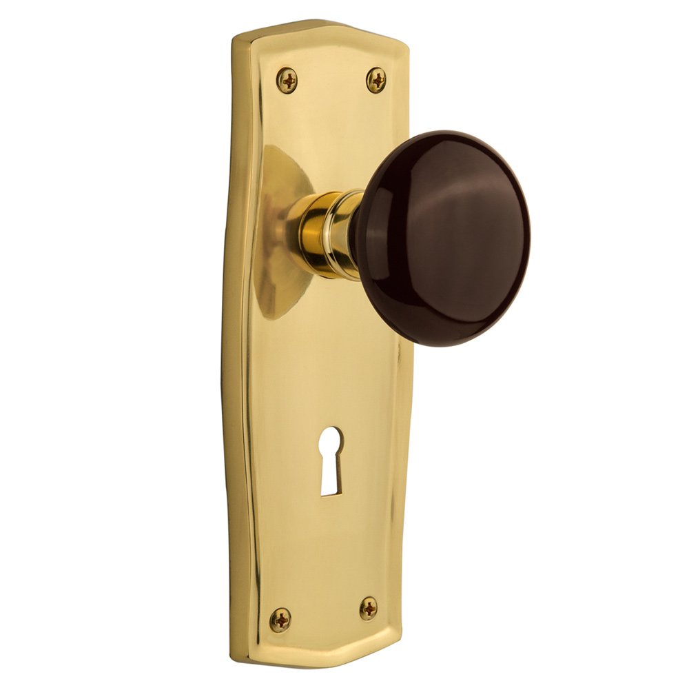 Privacy Prairie Plate with Keyhole and Brown Porcelain Door Knob in Unlacquered Brass