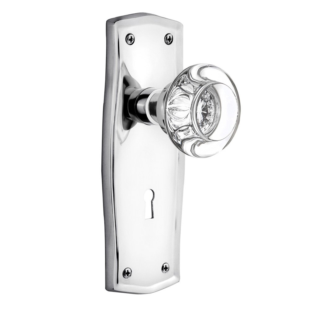 Passage Prairie Plate with Keyhole and Round Clear Crystal Glass Door Knob in Bright Chrome