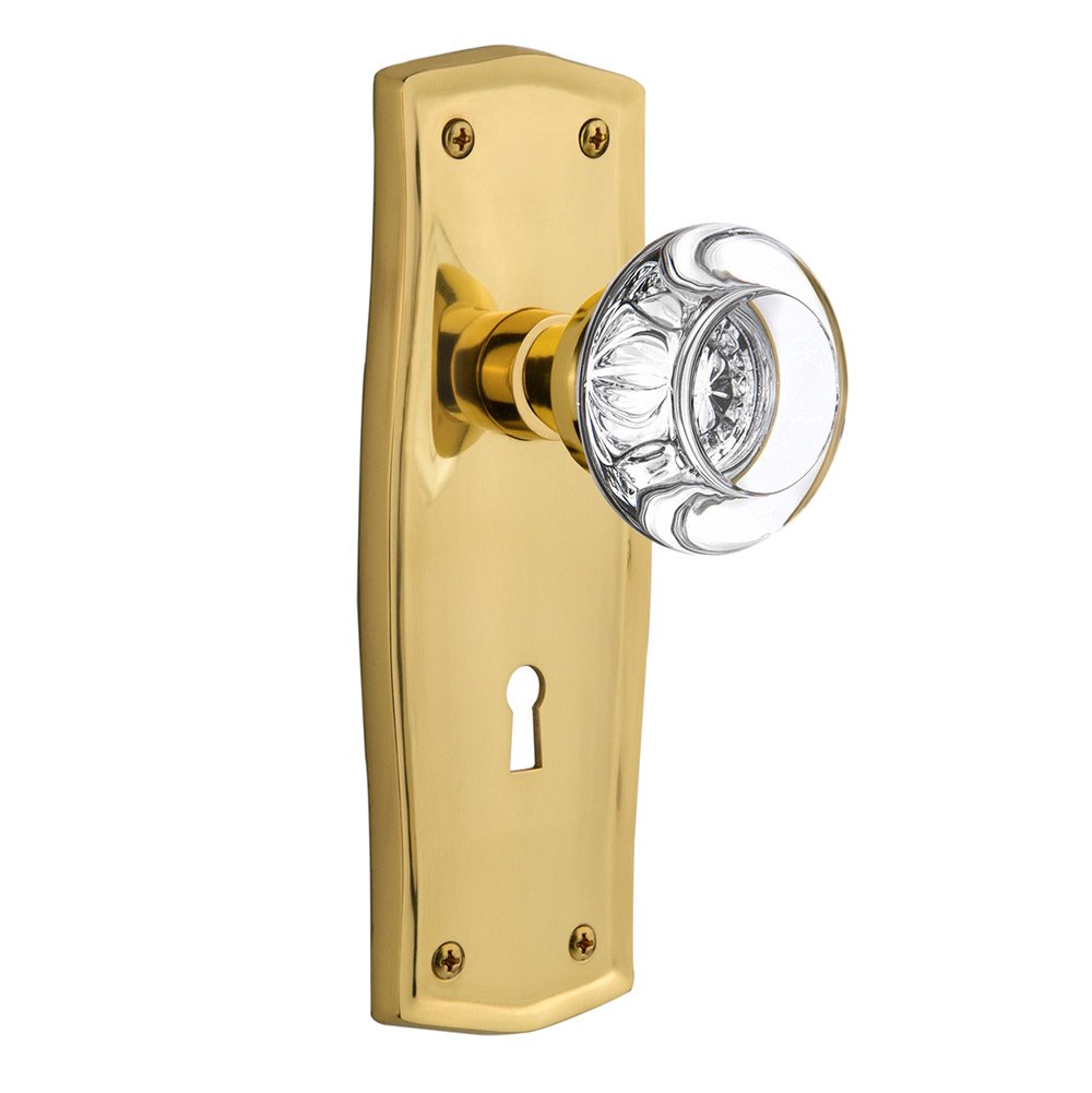Passage Prairie Plate with Keyhole and Round Clear Crystal Glass Door Knob in Unlacquered Brass