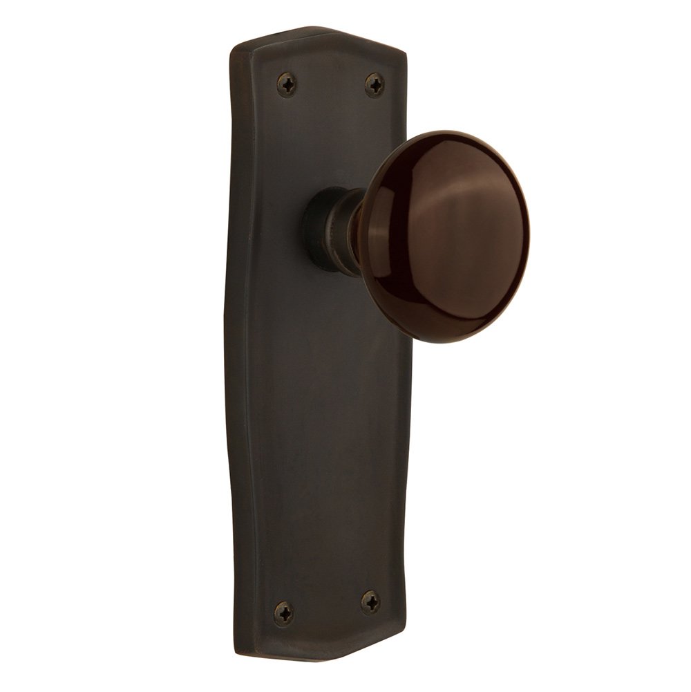 Single Dummy Prairie Plate with Brown Porcelain Door Knob in Oil-Rubbed Bronze