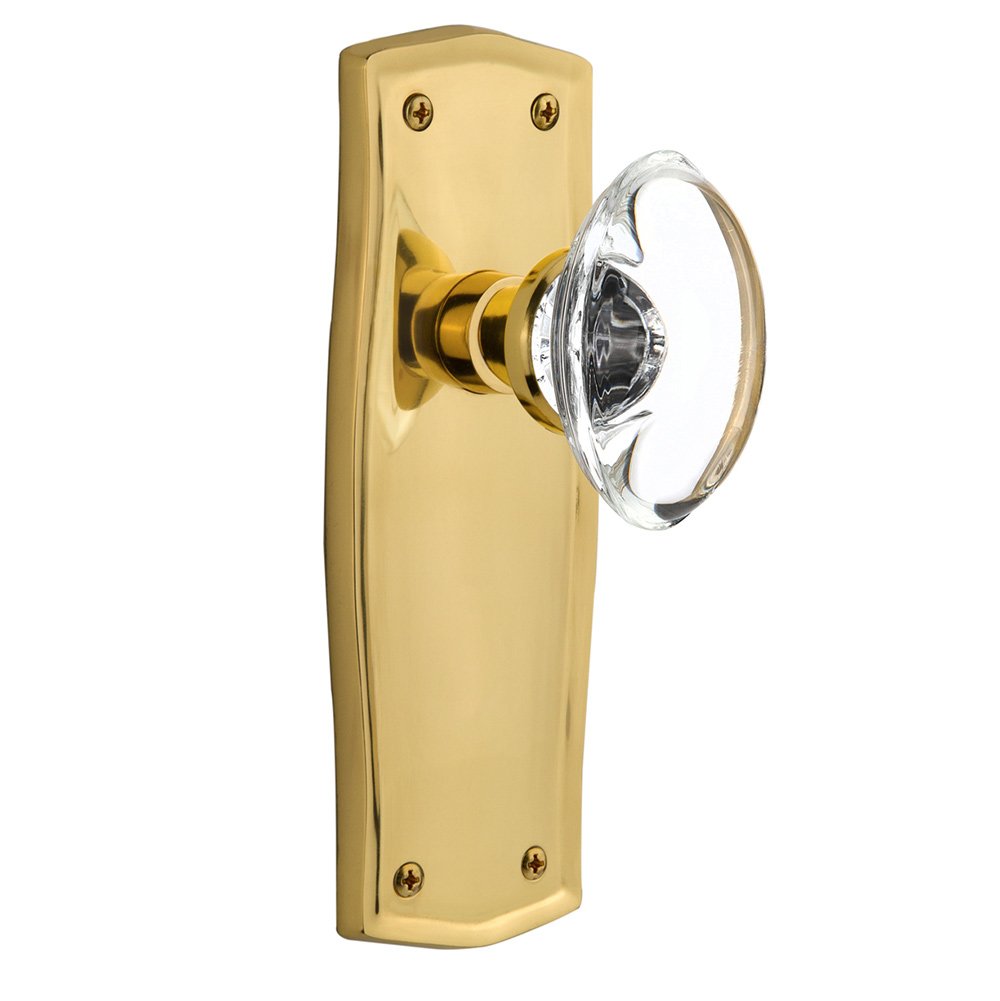 Single Dummy Prairie Plate with Oval Clear Crystal Glass Door Knob in Polished Brass