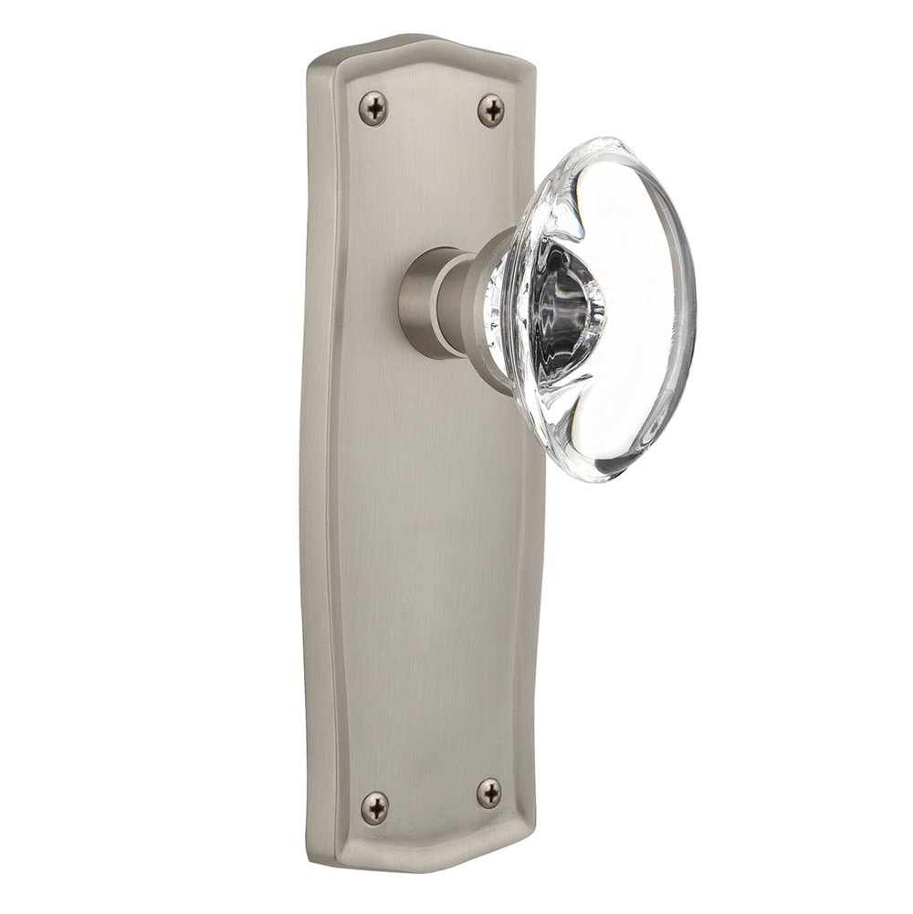 Single Dummy Prairie Plate with Oval Clear Crystal Glass Door Knob in Satin Nickel