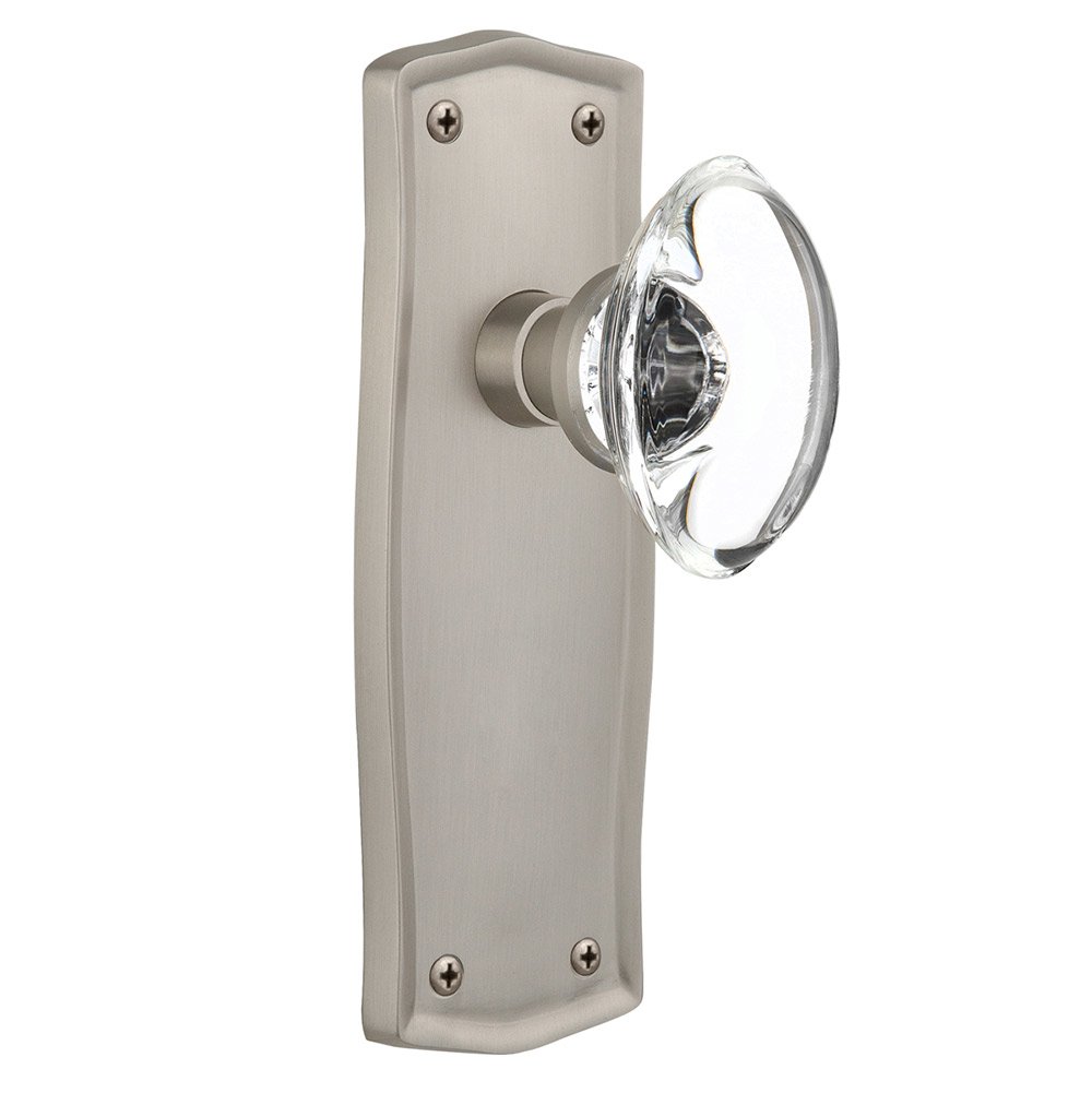Double Dummy Prairie Plate with Oval Clear Crystal Glass Door Knob in Satin Nickel