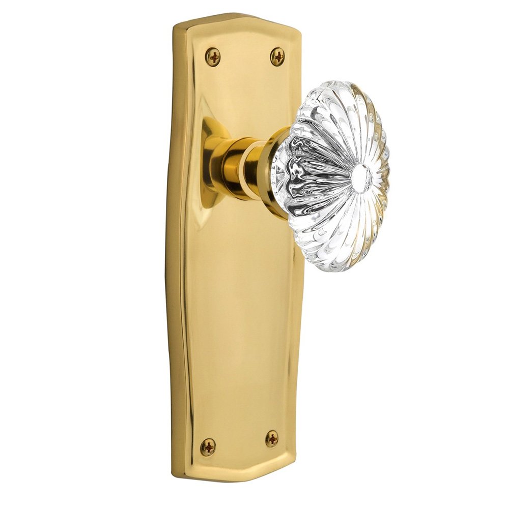 Single Dummy Prairie Plate with Oval Fluted Crystal Glass Door Knob in Polished Brass
