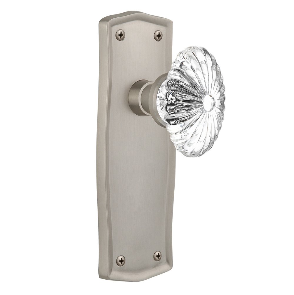 Single Dummy Prairie Plate with Oval Fluted Crystal Glass Door Knob in Satin Nickel