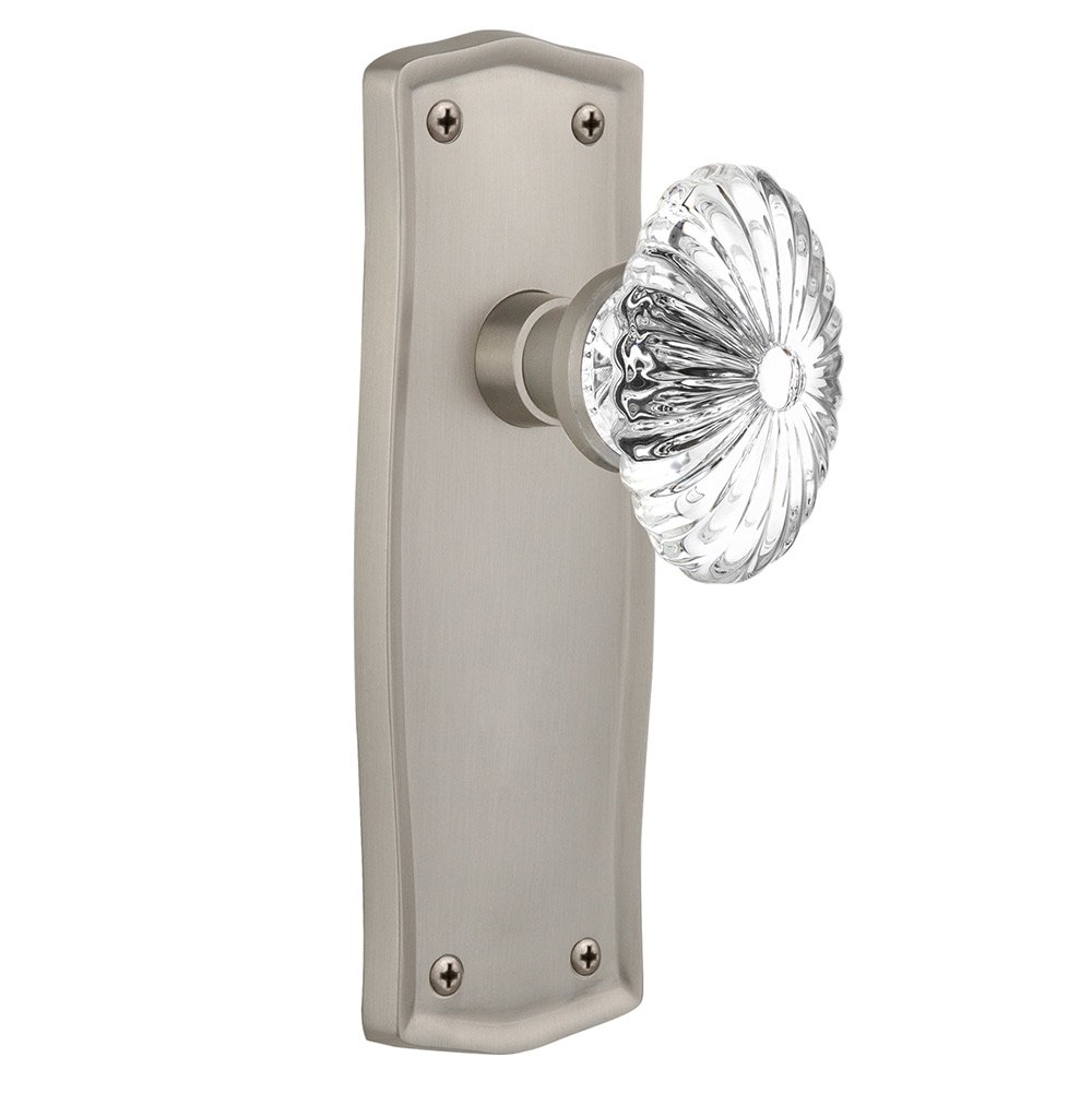Double Dummy Prairie Plate with Oval Fluted Crystal Glass Door Knob in Satin Nickel