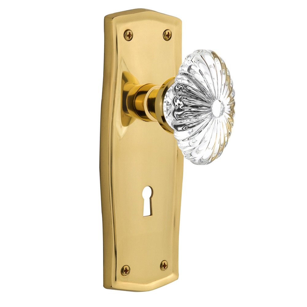 Interior Mortise Prairie Plate Oval Fluted Crystal Glass Door Knob in Unlacquered Brass