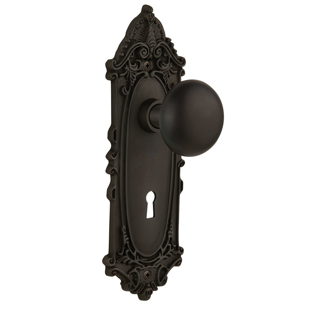 Single Dummy Victorian Plate with Keyhole and New York Door Knob in Oil-Rubbed Bronze