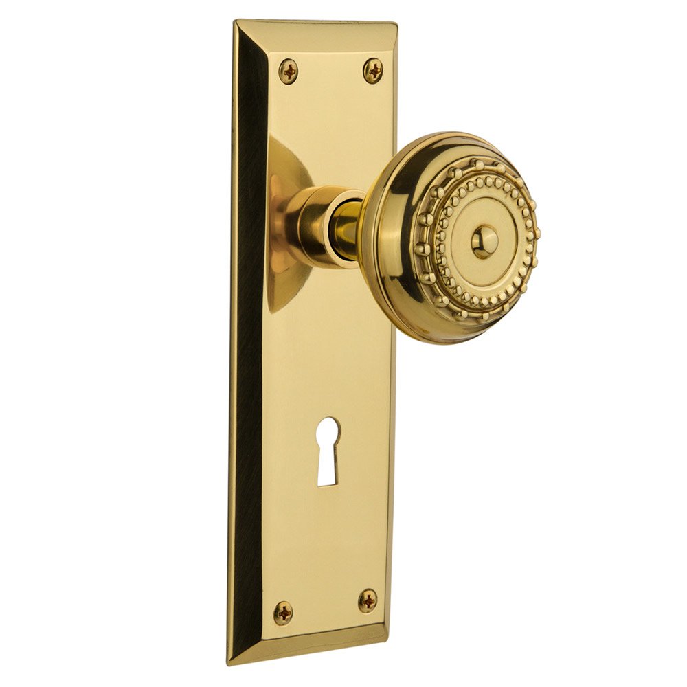 Double Dummy New York Plate with Keyhole and Meadows Door Knob in Polished Brass