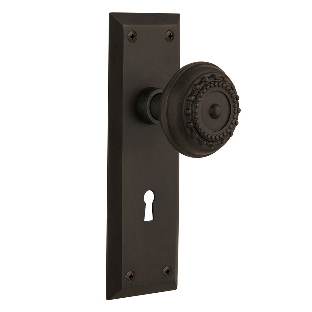 Privacy New York Plate with Keyhole and Meadows Door Knob in Oil-Rubbed Bronze