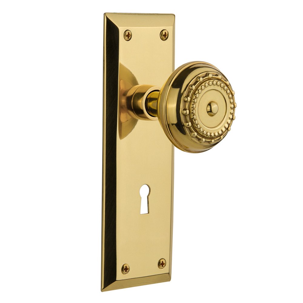 Privacy New York Plate with Keyhole and Meadows Door Knob in Polished Brass