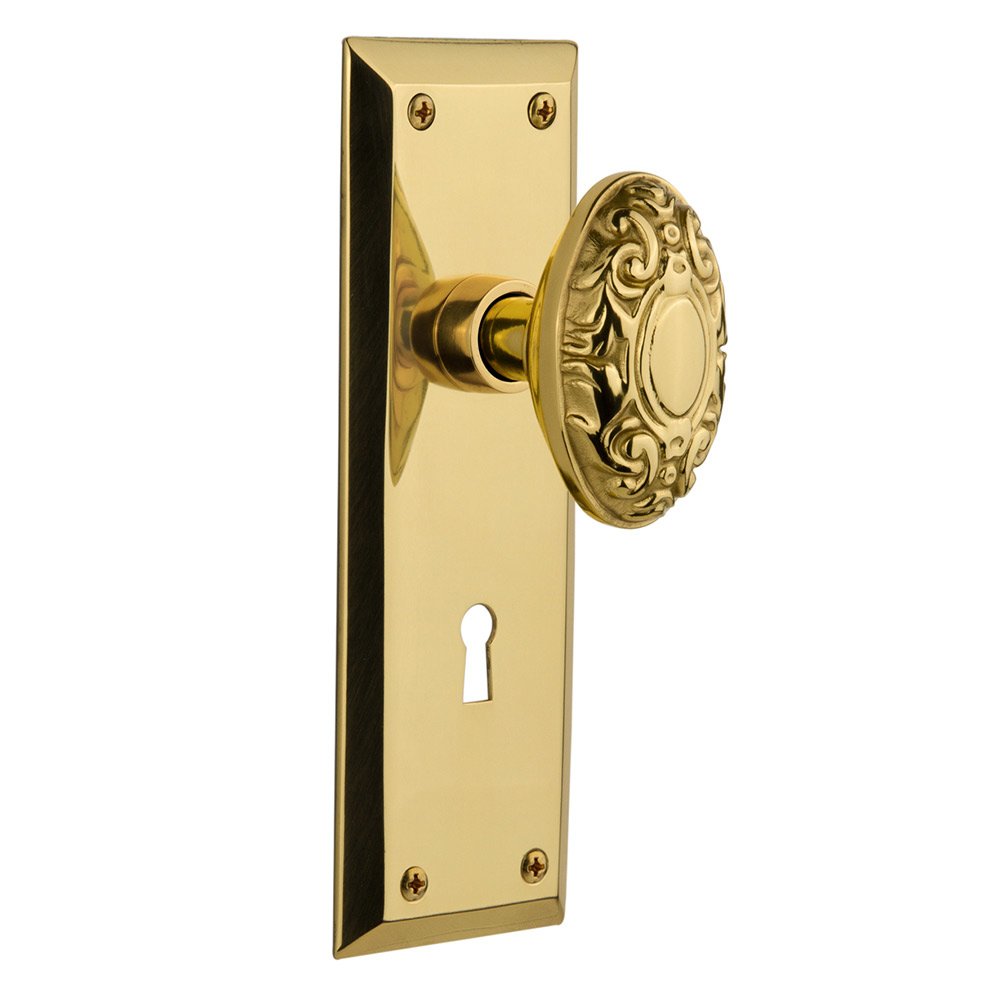 Interior Mortise New York Plate Victorian Door Knob in Polished Brass