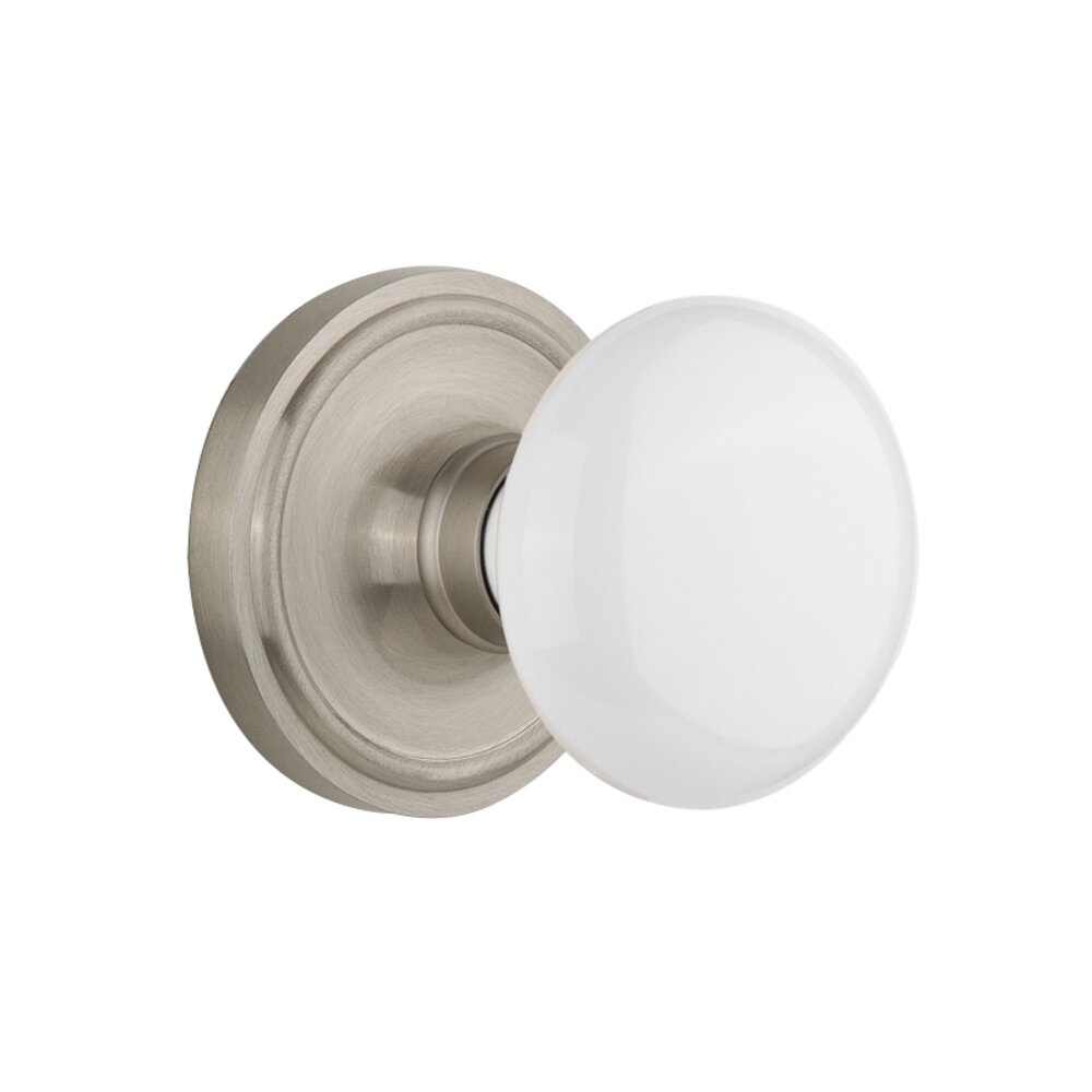 Privacy Classic Rosette with White Porcelain Door Knob in Satin Nickel