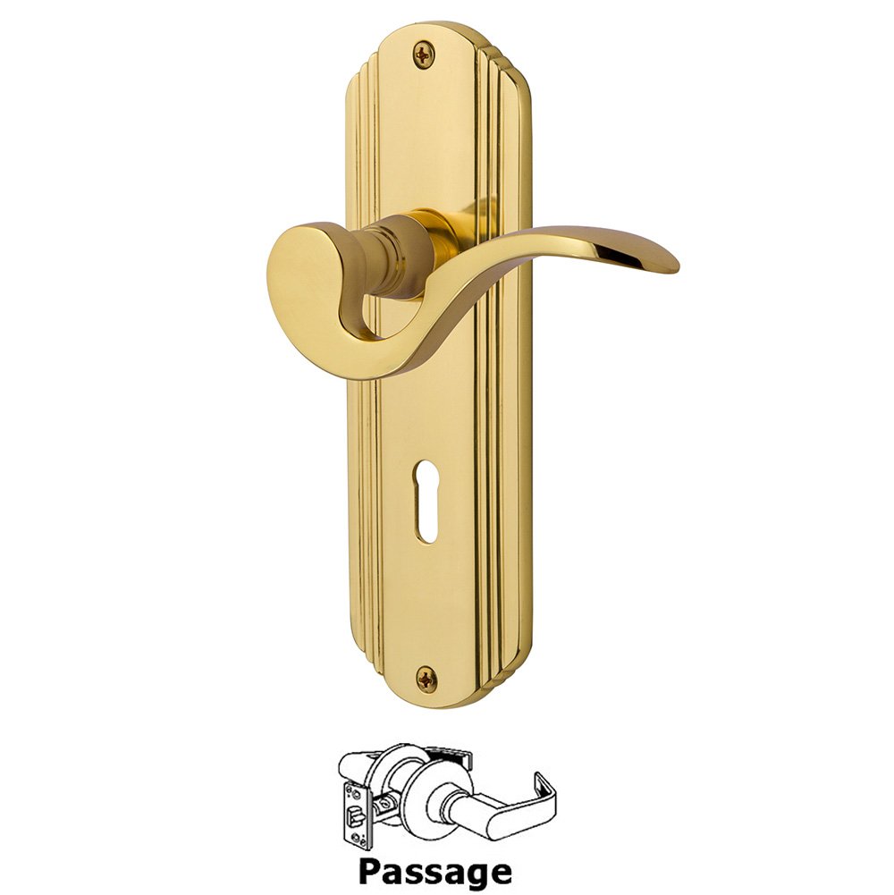 Deco Plate Passage with Keyhole and  Manor Lever in Polished Brass