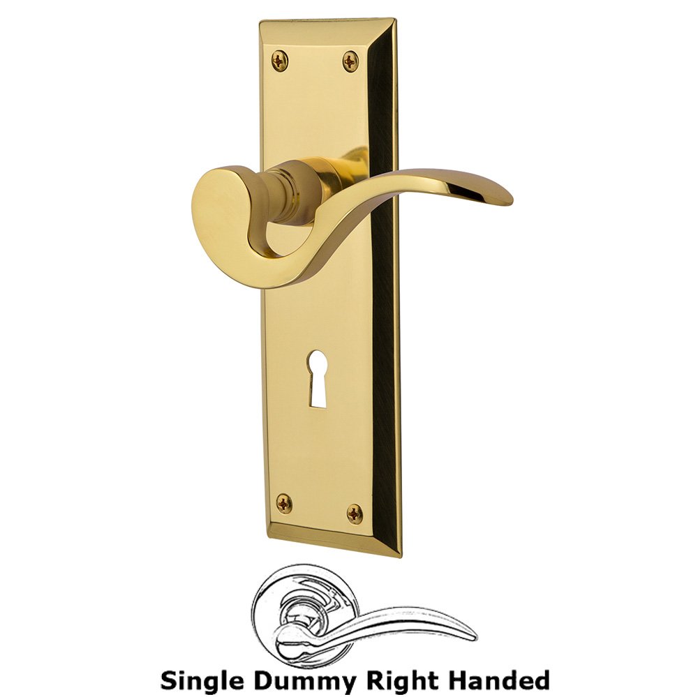 New York Plate Single Dummy with Keyhole Right Handed Manor Lever in Unlacquered Brass