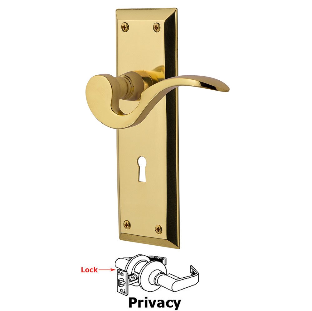 New York Plate Privacy with Keyhole and  Manor Lever in Polished Brass