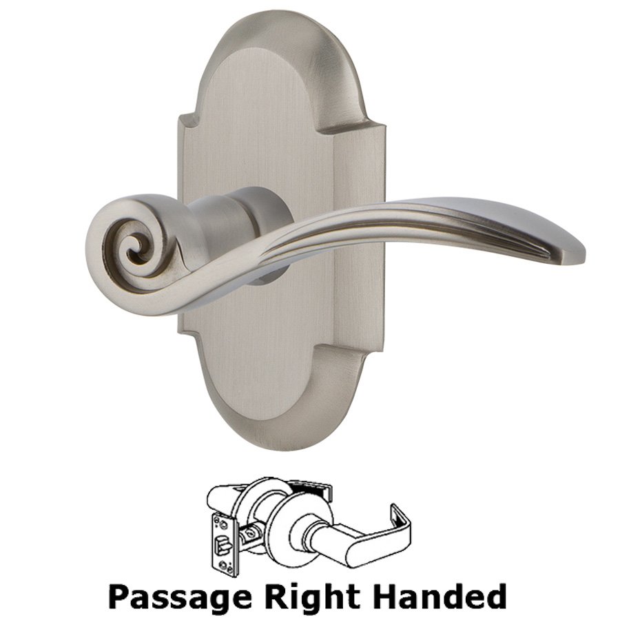 Cottage Plate Passage Right Handed Swan Lever in Satin Nickel