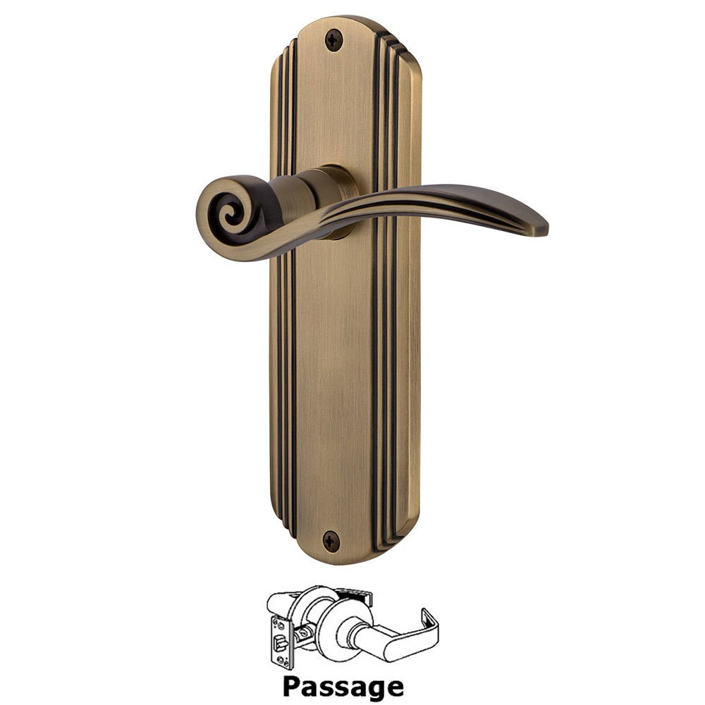 Deco Plate Passage Swan Lever in Antique Brass
