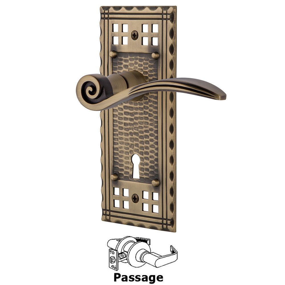 Craftsman Plate Passage with Keyhole and  Swan Lever in Antique Brass